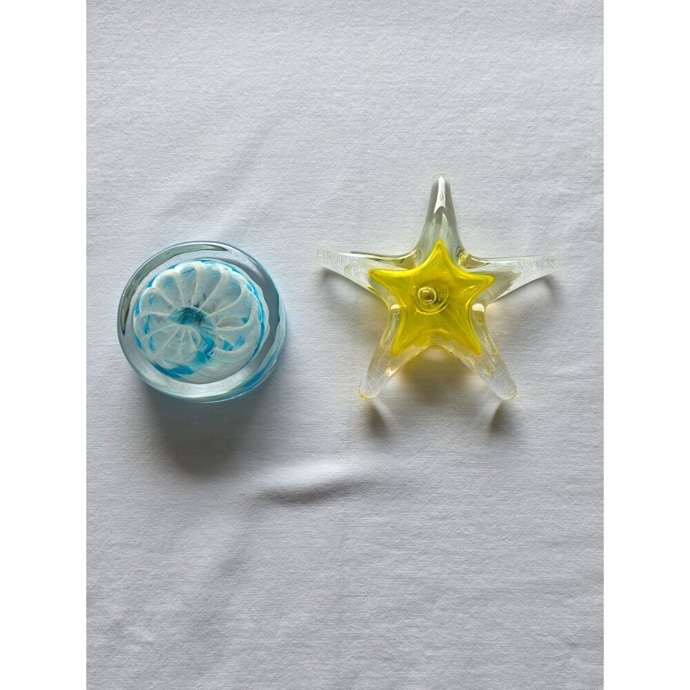 Karg Art Glass Paperweight Blue White Swirl Signed With Yellow Starfish Lot